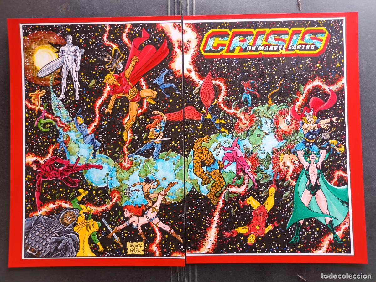 C&oacute;mics: Crisis en Marvel! Dibujo original en 2 formatos A3 adaptando la portada de P&eacute;rez al Universo Marvel