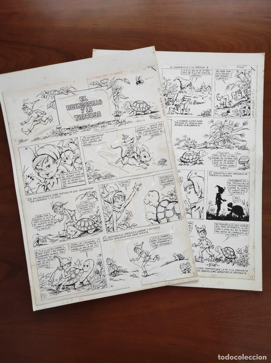 Comics : 2 PLANCHAS ORIGINALES EL DUENDECILLO Y LA TORTUGA POR PILAR MIR PUBLICADAS EN EL SUPER PUMBY N&ordm; 51