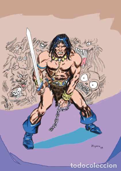 Comics: Print l&aacute;mina de recreaci&oacute;n del personaje c&oacute;mic CONAN-1 de Higuero. En DIN A3