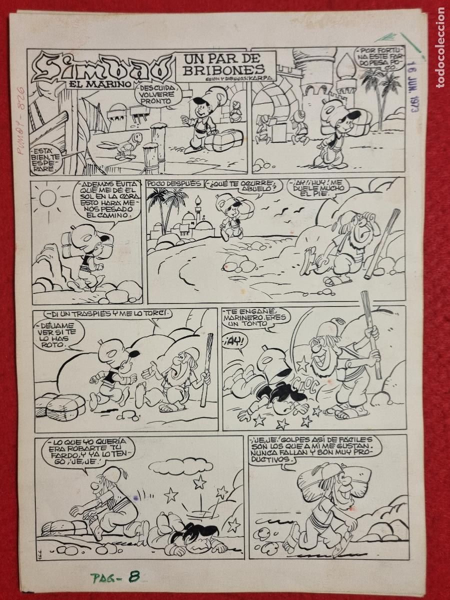 C&oacute;mics: DIBUJO ORIGINAL PLUMILLA KARPA SIMBAD EL MARINO UN PAR DE BRIBONES 4 HOJAS O PLANCHAS M3