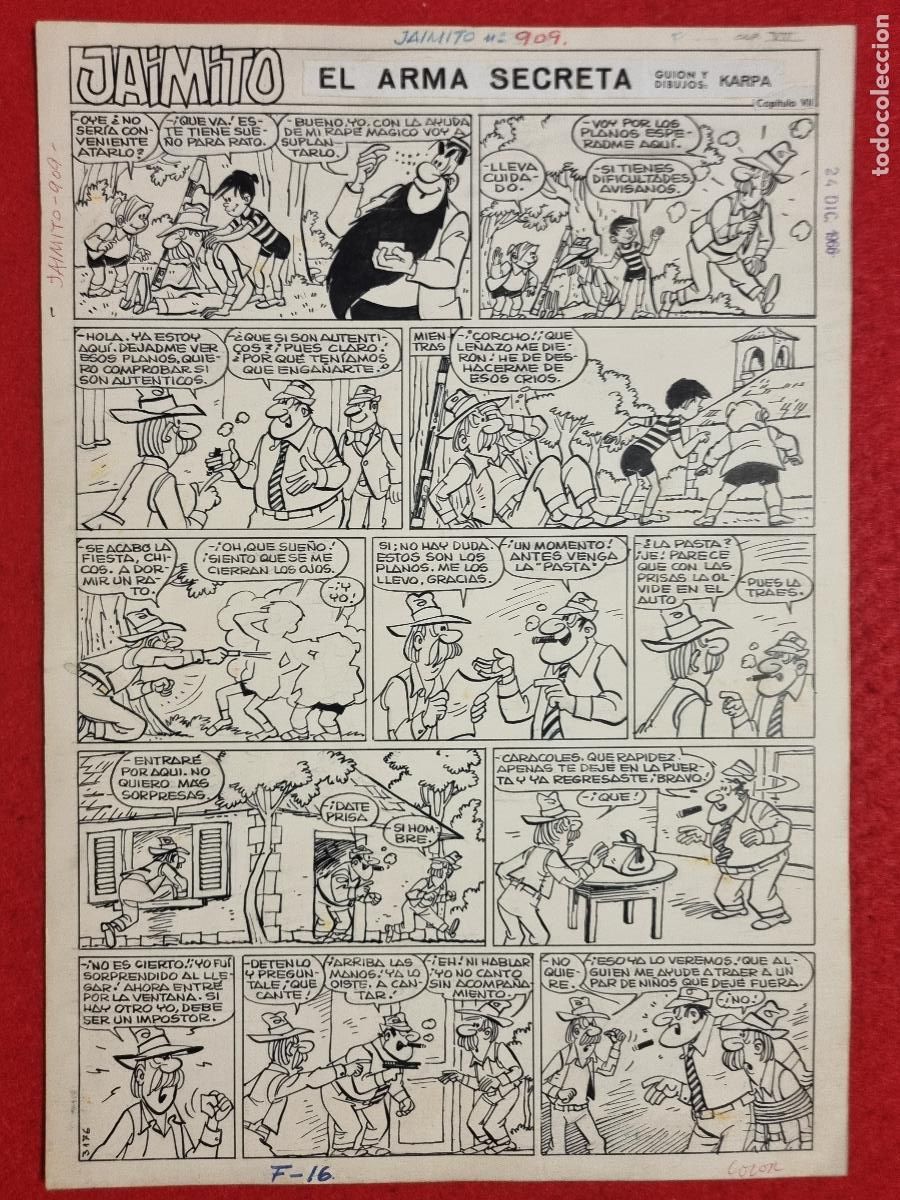 C&oacute;mics: DIBUJO ORIGINAL PLUMILLA KARPA JAIMITO EL ARMA SECRETA 1 HOJA O PLANCHA M3