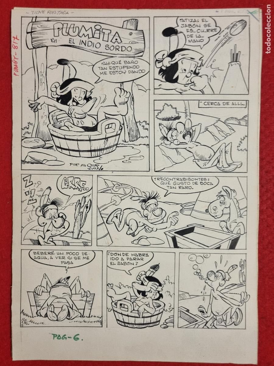 C&oacute;mics: DIBUJO ORIGINAL PLUMILLA CERDAN PLUMITA EN EL INDIO SORDO 2 HOJAS O PLANCHAS M3