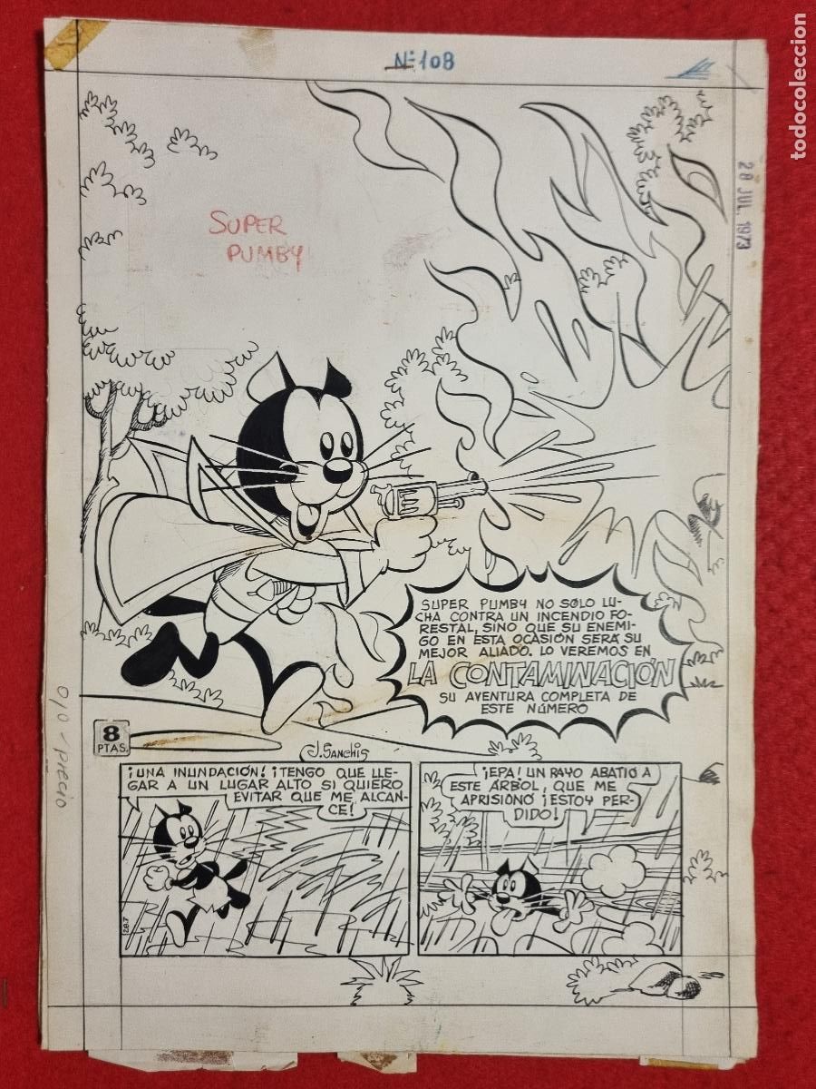 C&oacute;mics: DIBUJO ORIGINAL PLUMILLA SUPER PUMBY N&ordm; 108 LA CONTAMINACION J. SANCHIS 7 PLANCHAS M3