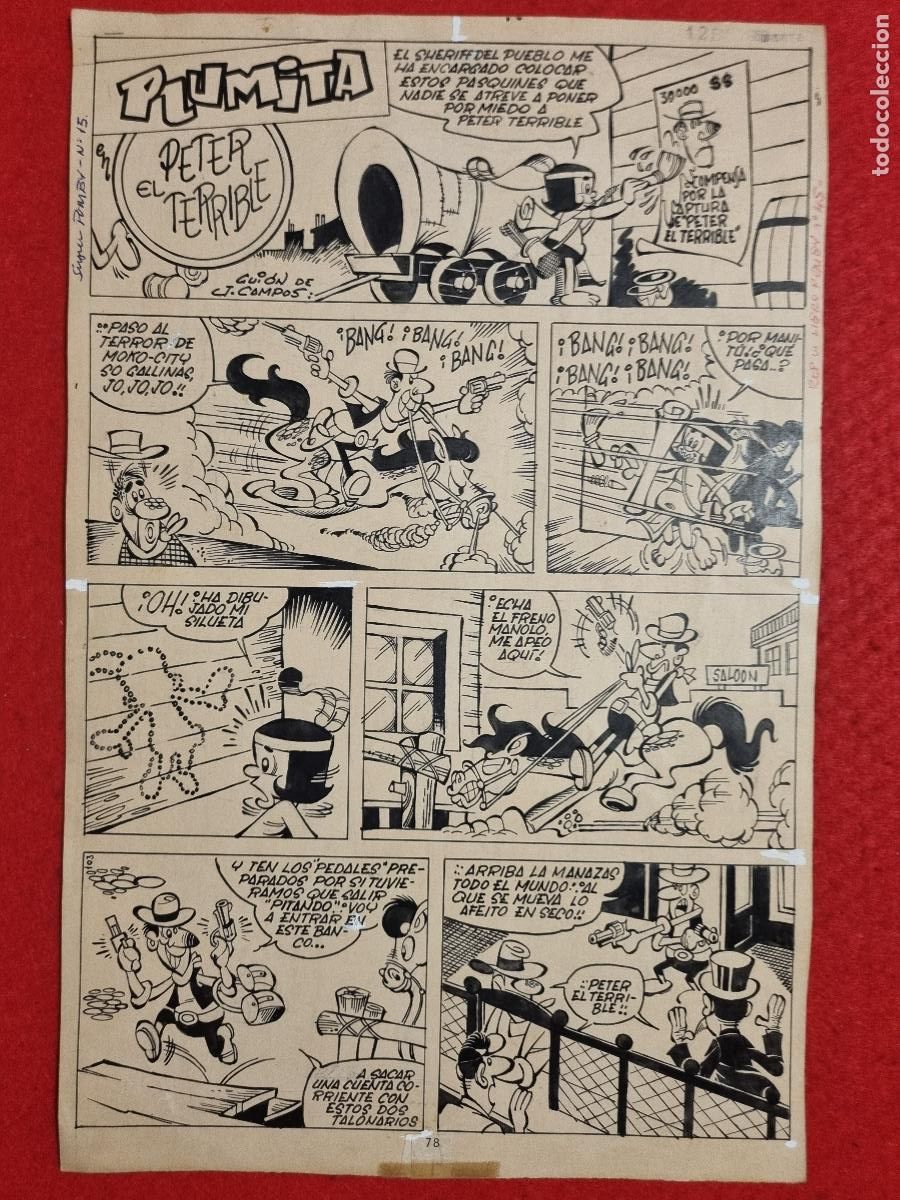 C&oacute;mics: DIBUJO ORIGINAL PLUMILLA CERDAN PLUMITA EN EL PETER TERRIBLE 2 PLANCHAS M3