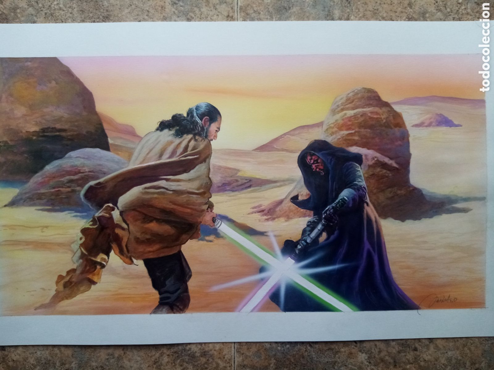 C&oacute;mics: ILUSTRACION ORIGINAL STAR WARS QUI-GON JINN DARTH MAUL PUBLICADA - JOSEP MARIA MIRALLES - 52X30 cmts