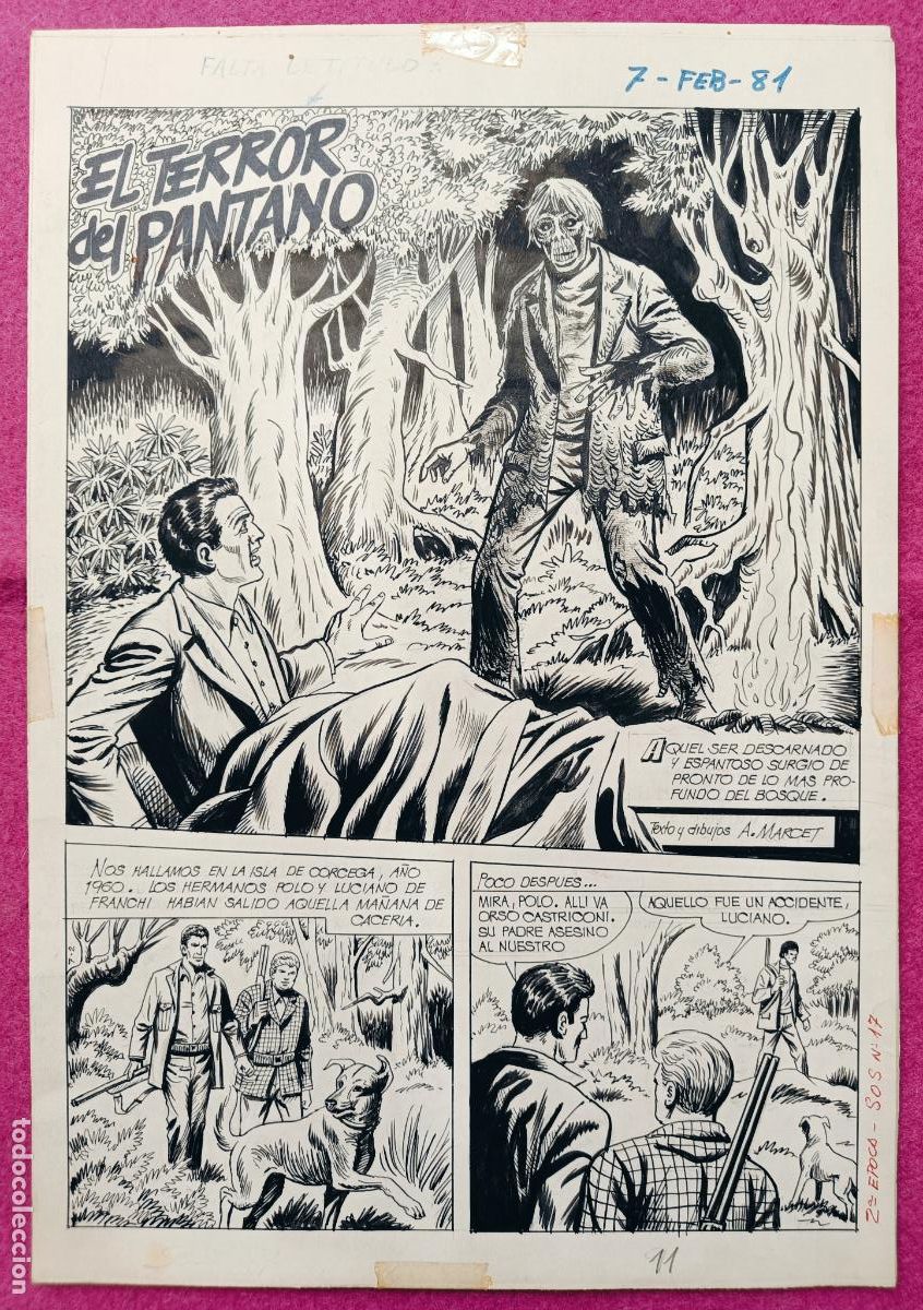 Comics : DIBUJO ORIGINAL PLUMILLA EL TERROR DEL PANTANO A. MARCET 6 HOJAS B45