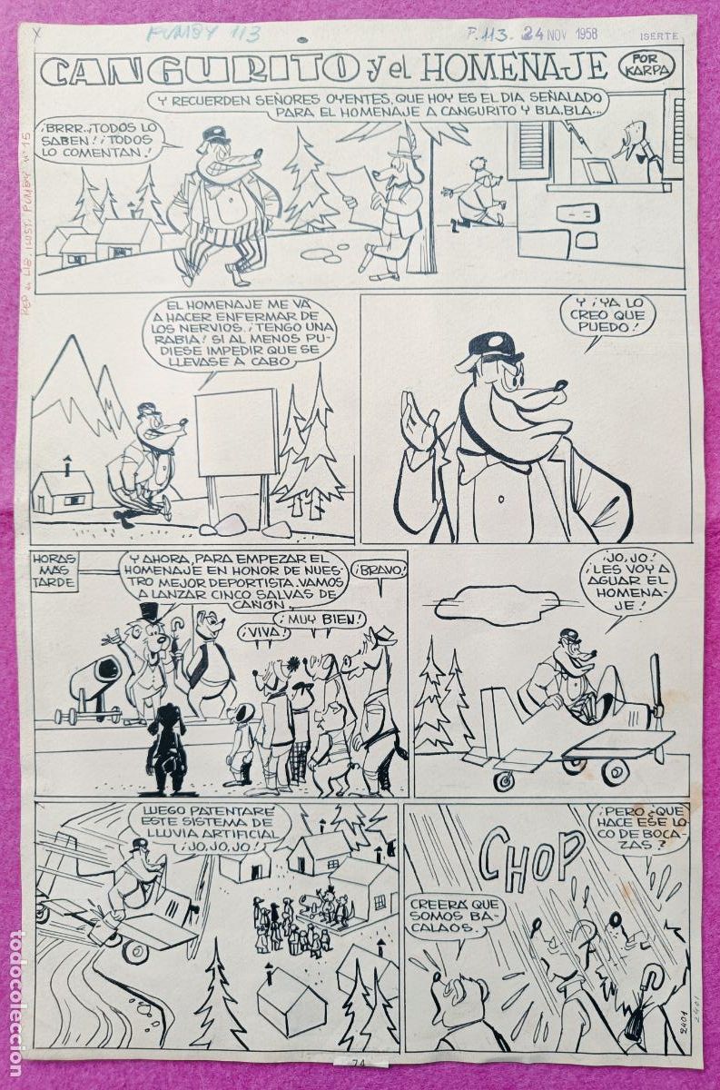 Comics : DIBUJO ORIGINAL PLUMILLA CANGURITO Y EL HOMENAJE KARPA 1958 2 HOJAS D57