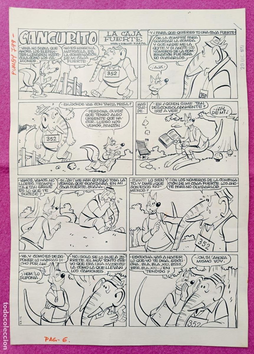 Comics : DIBUJO ORIGINAL PLUMILLA CANGURITO LA CAJA FUERTE KARPA 2 HOJAS D58