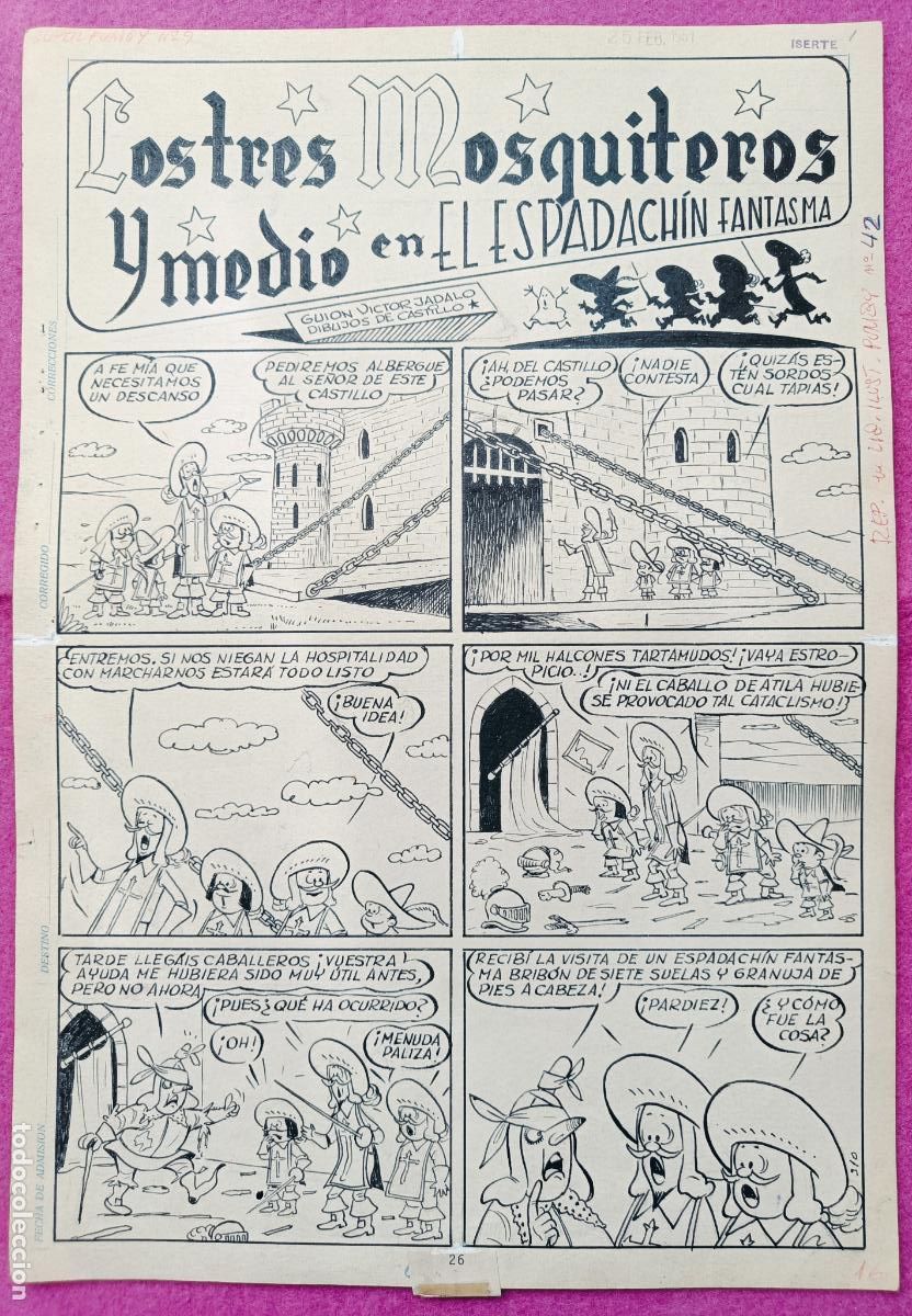 Comics : DIBUJO ORIGINAL PLUMILLA LOS TRES MOSQUITEROS Y MEDIO EL ESPADACHIN FANTASMA CASTILLO 6 HOJAS OR51