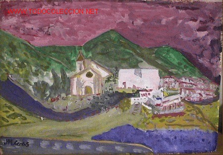 Art: 728.- ACUARELA 50x35 ,,,Paisaje pueblo,,, J.M.CERC&Oacute;S