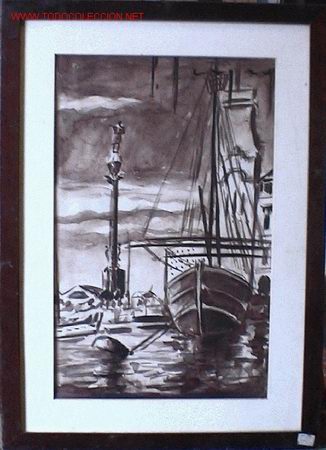 Kunst: 802.- ACUARELA 33x26 ,,,COLON PUERTO BARCELONA,,, ANONIMO
