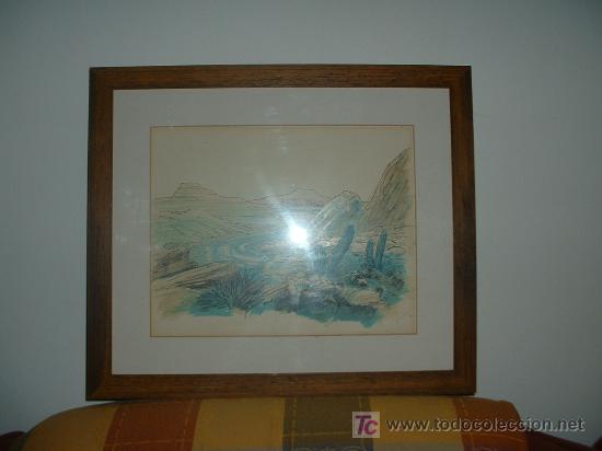 Arte: Magnifico paisaje del oeste.original.tinta y acuarela.enmarcado