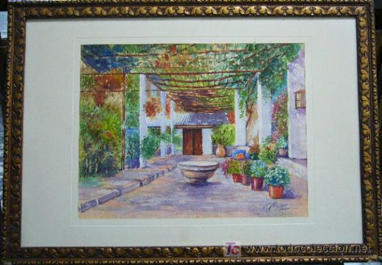 Art: 1496.- Acuarela 37x52 ,,, Patio con flores ,,, F. HASSEL 1933
