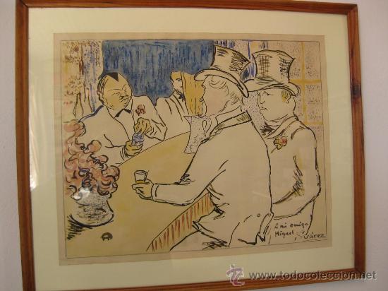 Arte: ACUARELA-CARICATURA EN EL BAR-FIRMADA SUAREZ-POSIBLEMENTE ILUSTRACION