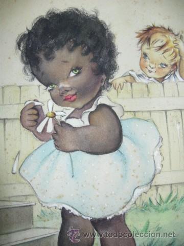 Art: PRECIOSA ACUARELA INFANTIL. NEGRITA CON PRETENDIENTE. A&Ntilde;OS 1940, FIRMADA GRASSA.