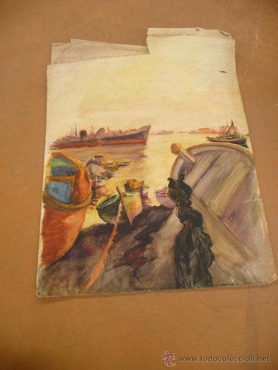 Arte: Anonimo. Acuarela representando un puerto. - Foto 1
