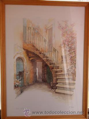 Arte: Gran acuarela, firmada a l&aacute;piz: M. Marten. Titulada a l&aacute;piz: Vecchio Cortile.