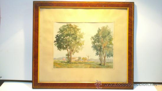 Kunst: AQUARELA DEL PINTOR GASPAR ROMERO. FIRMADA Y FECHADA EN EL A&Ntilde;O 1948. PAISAJE DE PALAUTORDERA.