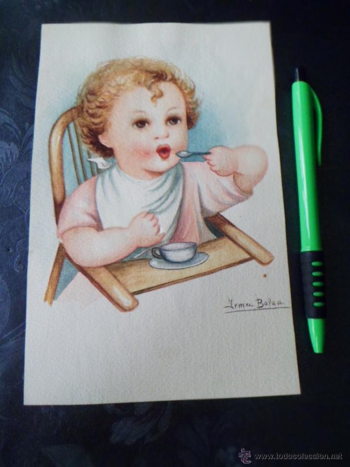 Arte: PRECIOSA ACUARELA A&Ntilde;OS 40 DE IRMA BOLEA - DIBUJO 19 X 12 CM - NI&Ntilde;O - MBE