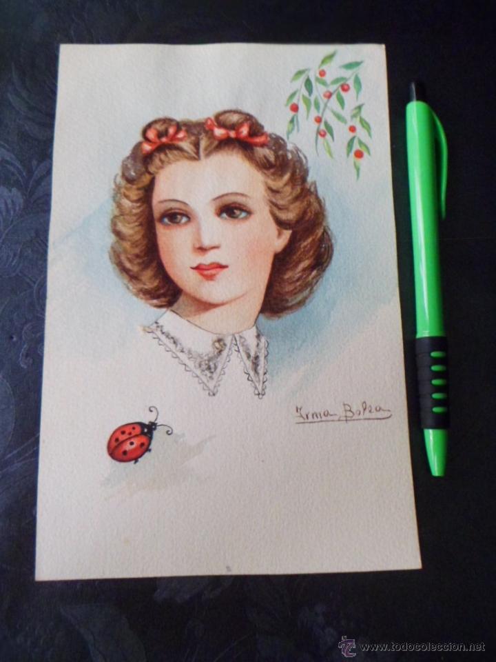 Arte: PRECIOSA ACUARELA A&Ntilde;OS 40 DE IRMA BOLEA - DIBUJO 19 X 12 CM - NI&Ntilde;A - MBE