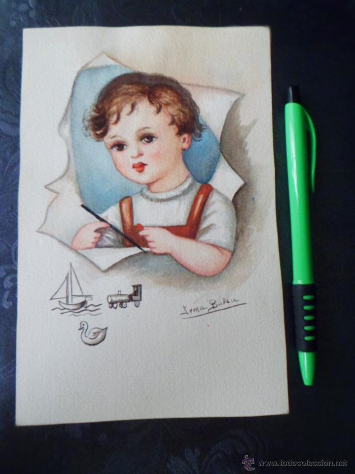 Arte: PRECIOSA ACUARELA A&Ntilde;OS 40 DE IRMA BOLEA - DIBUJO 19 X 12 CM - NI&Ntilde;O - MBE