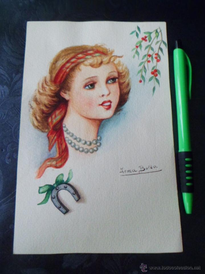 Arte: PRECIOSA ACUARELA A&Ntilde;OS 40 DE IRMA BOLEA - DIBUJO 19 X 12 CM - NI&Ntilde;A - MBE