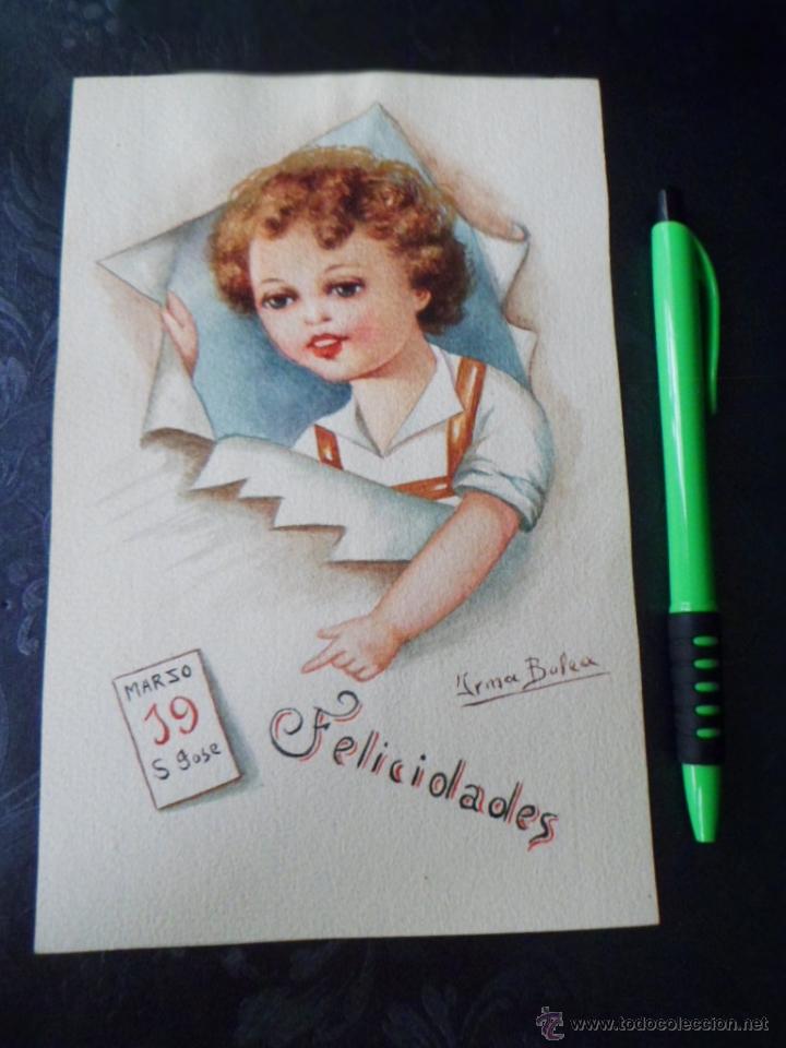 Kunst: PRECIOSA ACUARELA A&Ntilde;OS 40 DE IRMA BOLEA - DIBUJO 19 X 12 CM - NI&Ntilde;O - MBE