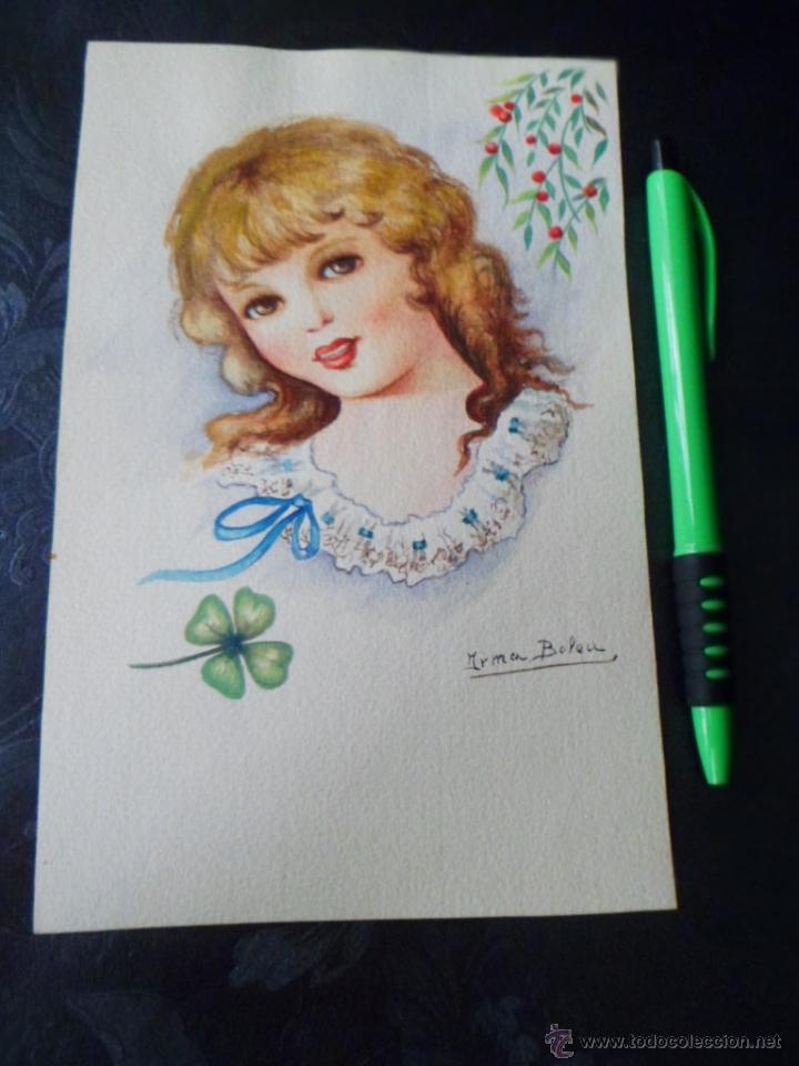 Arte: PRECIOSA ACUARELA A&Ntilde;OS 40 DE IRMA BOLEA - DIBUJO 19 X 12 CM - NI&Ntilde;A - MBE