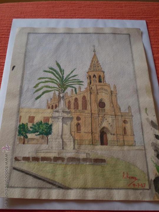 Kunst: ANTIGUA ACUARELA NAIVE.VISTA DE IGLESIA.1957