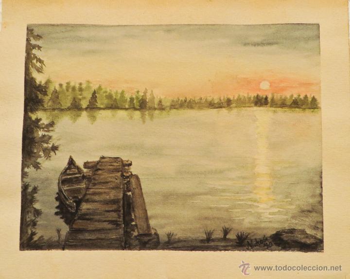 Kunst: PINTURA PAISAJE LAGO ACUARELA FIRMADA