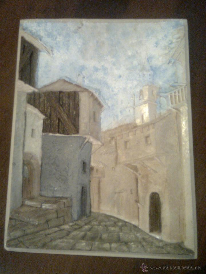 Arte: El Pueblo Del Norte - Acuarela sobre bajorrelieve en resina. &iexcl; Preciosidad!. 46 por 36 cms..