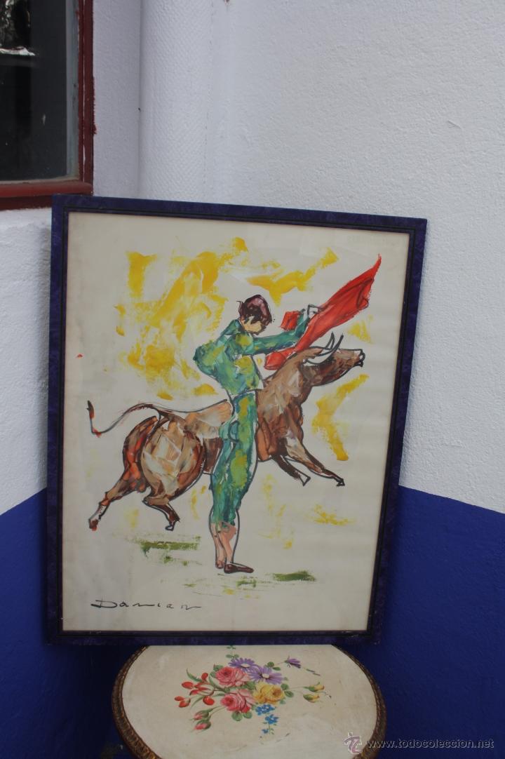 Arte: CUADRO DE ACUARELA DIBUJO RELACIONADO CON EL TOREO FIRMA PINTOR DAMIAN 70 CMS. ALTO X 53 DE LARGO