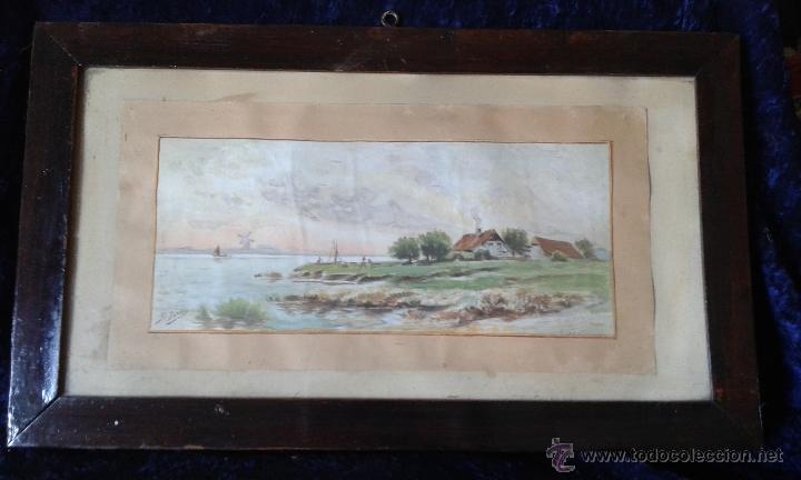 Arte: BONITA ACUARELA F. SANCHO. ENMARCADA. DEDICADA A PROFESOR, 1905. 34 X 14 CM