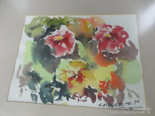 Arte: Carlos Gimeno Mate Acuarela flores firmado y fechado Carlos Gimeno 2003 marco 40 x 40 mancha 29 X 22