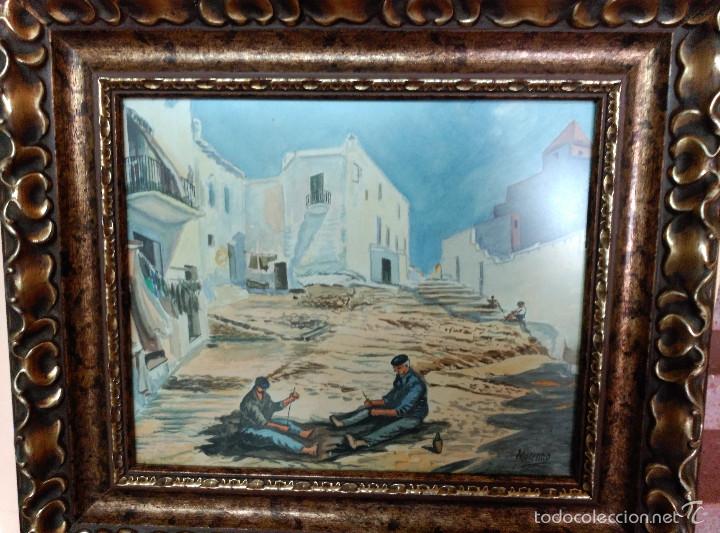 Arte: PINTOR MALAGUE MOREN ORTEGA .PESCADORES Y REDES. T&Eacute;CNICA MIXTA ACUARELA Y AGUATINTA. FIRMADO MORENNO