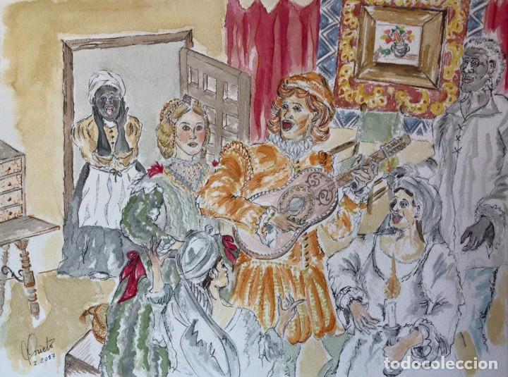 Arte: Acuarela Loaysa y la banda de las palomas, inspirada en la Novela del celoso extreme&ntilde;o, Cervantes