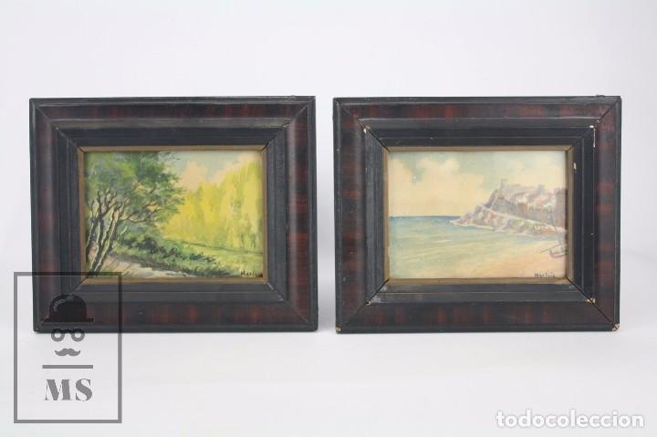 Arte: Pareja de Antiguas Acuarelas Firmadas - Hevleis ? - Primera Mitad Siglo XX - Restauraci&oacute;n