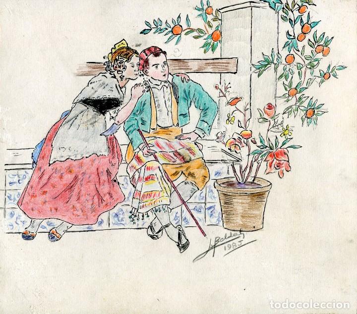 Arte: Dos jovenes valencianos acuarela por J. Belda en 1985