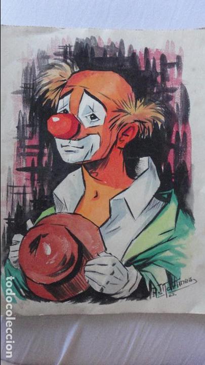 Arte: ANTIGUA ACUARELA.TEMPERA.RETRATO DE PAYASO.FIRMADO A.MARTINEZ.1962