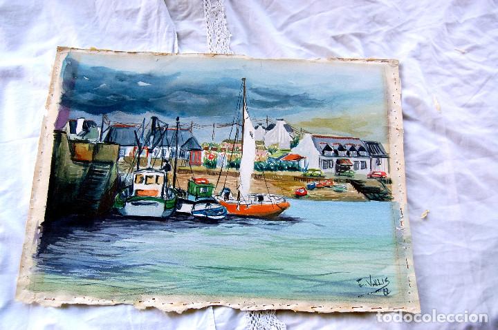 Kunst: Puerto de Rondoff. Acuarela y tempera. Firma: Elena Vallis. 1982. Medidas: 45x32 cm.