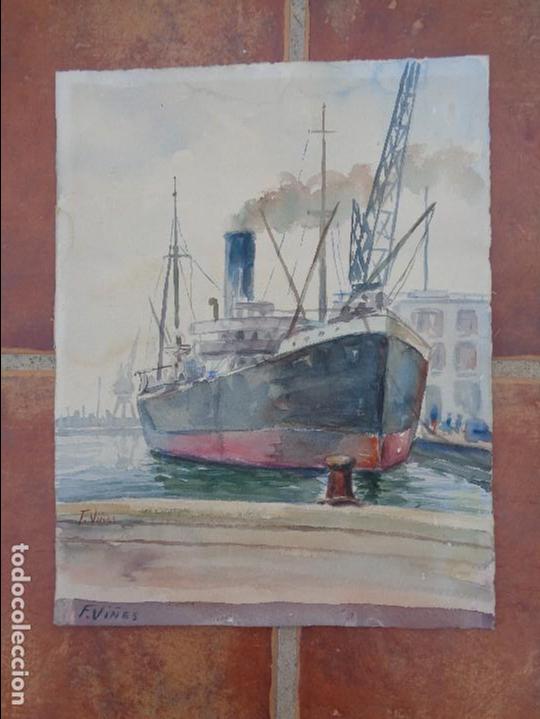 Arte: LAMINA EN ACUARELA DE BUQUE ATRACANDO EN EL PUERTO - FIRMA: F. VI&Ntilde;ES
