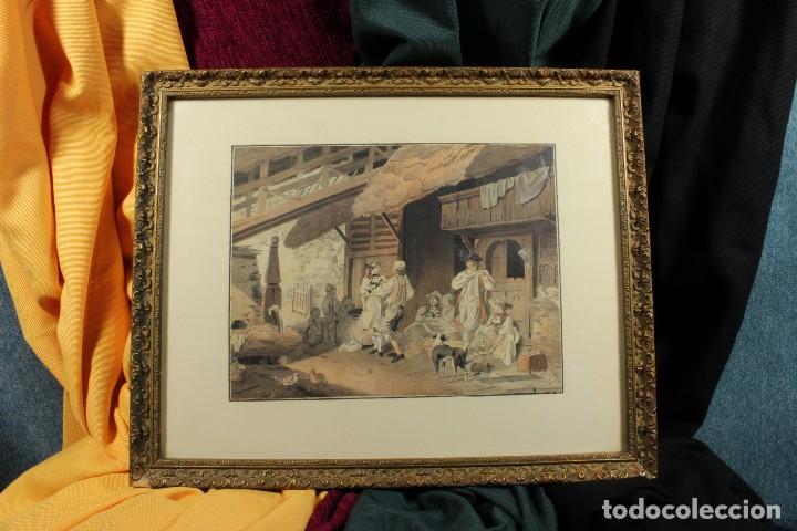 Arte: Acuarela baile en la aldea. Sin firmar. S.XX