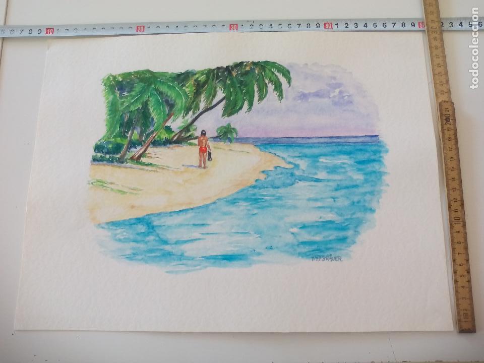 Art: Acuarela firmada por el pintor Br&auml;uer. Playa. watercolor paint, Aquarellfarbe