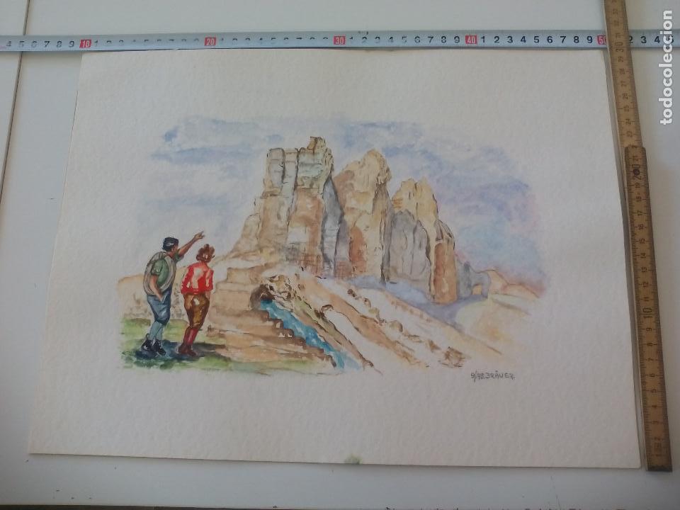 Art: Acuarela firmada por el pintor Br&auml;uer. Escaladore, monta&ntilde;eros 1978, watercolor paint, Aquarellfarbe