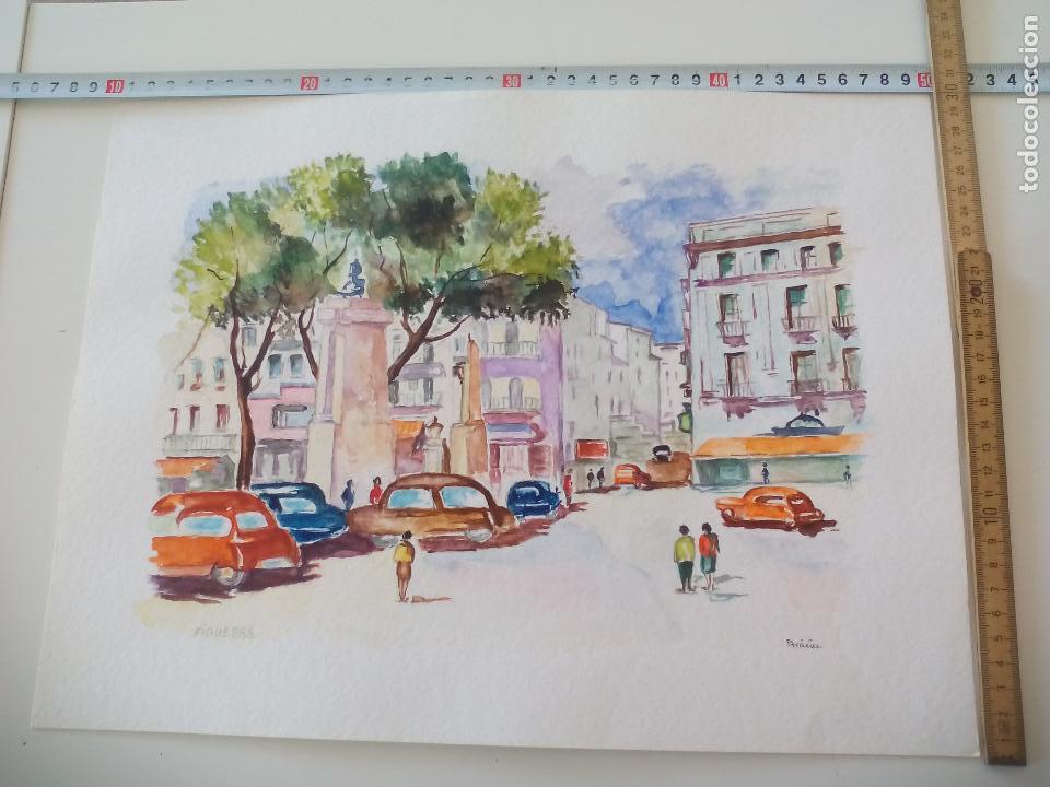 Art: Acuarela firmada por el pintor Br&auml;uer. Figueras, Figueres a&ntilde;os 70, watercolor paint, Aquarellfarbe