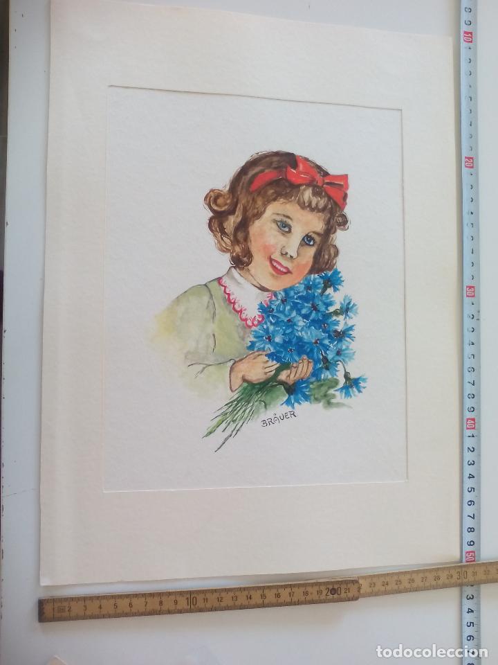 Art: Acuarela firmada por el pintor Br&auml;uer. Ni&ntilde;a, a&ntilde;os 70, watercolor paint, Aquarellfarbe