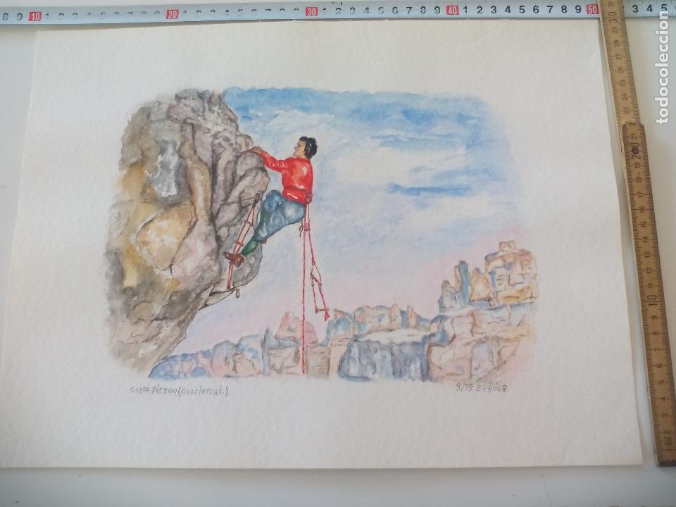 Art: Acuarela firmada por el pintor Br&auml;uer. Costa pietro 1979, escalador, watercolor paint, Aquarellfarbe