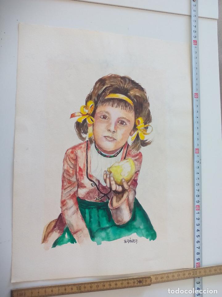 Art: Acuarela firmada por el pintor Br&auml;uer. Ni&ntilde;a, a&ntilde;os 70, watercolor paint, Aquarellfarbe