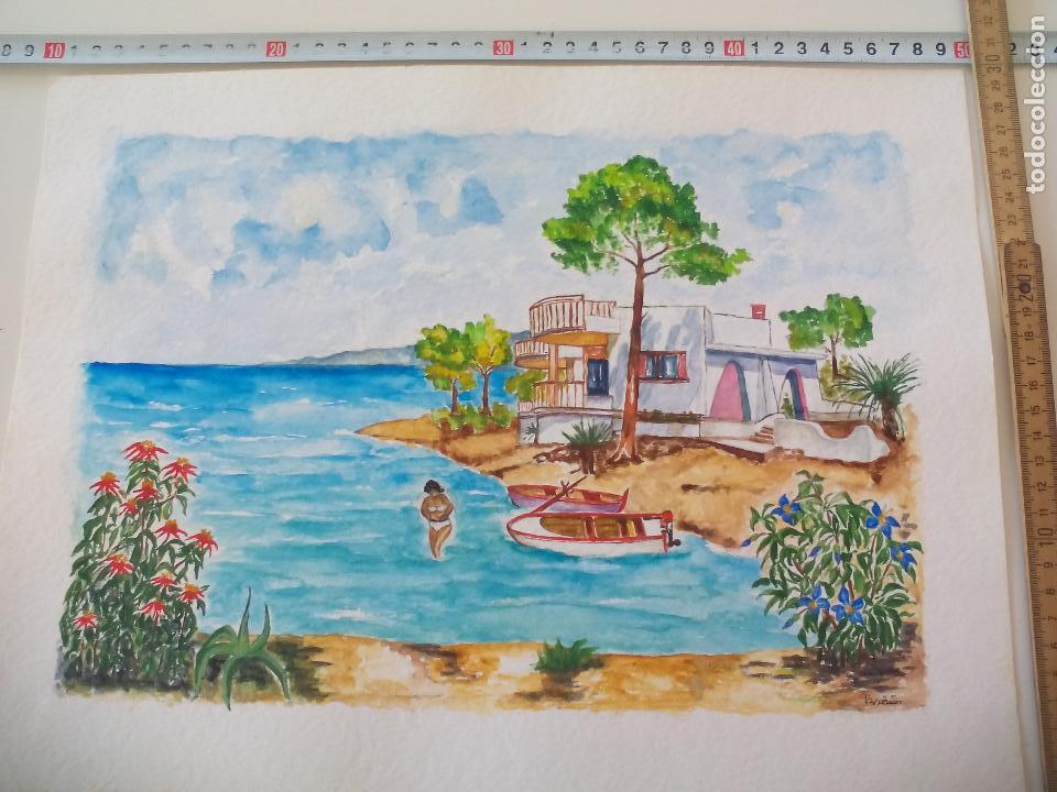 Art: Acuarela firmada por el pintor Br&auml;uer. Playa, a&ntilde;os 70, watercolor paint, Aquarellfarbe