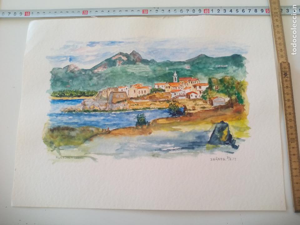 Arte: Acuarela firmada por el pintor Br&auml;uer. Algajola corso 1977 corcega, watercolor paint, Aquarellfarbe